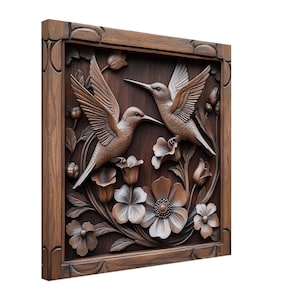 Hovering Jewels, Wood Carving Designs of Two Hummingbirds, Woodcarving Art Print Canvas
