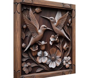 Hovering Jewels, Wood Carving Designs of Two Hummingbirds, Woodcarving Art Print Canvas