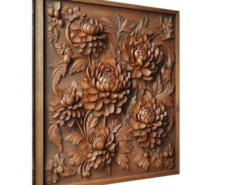 菊の彫刻、木彫りの花のデザイン、木彫りのアートプリントキャンバス