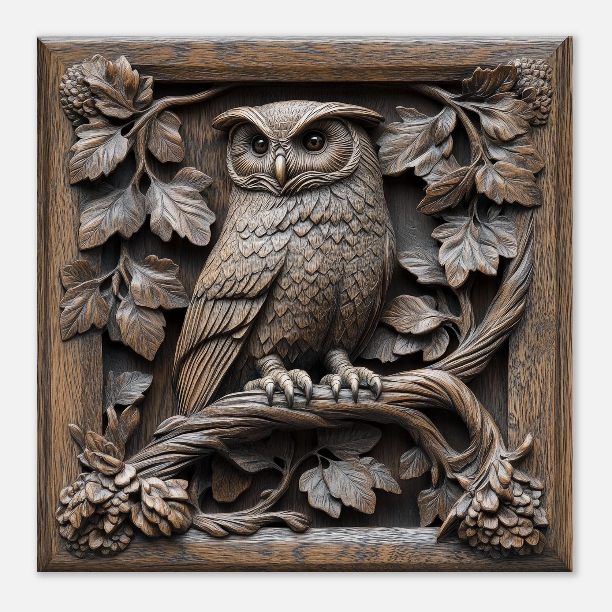 Wise Gaze Perched, Wood Carving Designs of a Forest Owl