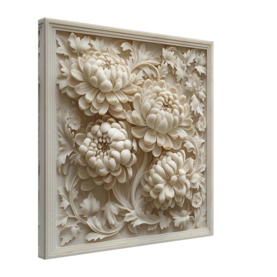 GENUINE Chrysanthemum Wood PRODUCTS　レア White Chrysanthemums, Wood Carving Designs of Pure Floral Blooms