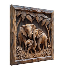 May include: A wooden wall sculpture featuring three elephants carved in relief. The elephants are arranged in a family group, with a larger elephant in the back and two smaller elephants in front. The sculpture is set against a background of carved palm trees.
