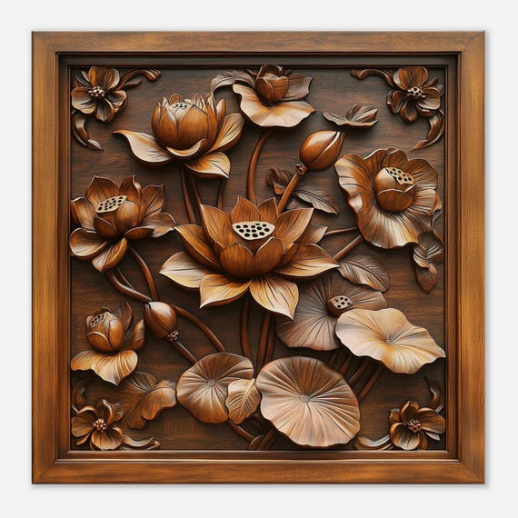 咲き誇る蓮、開いた蓮の花の木彫りデザイン、木彫りアートプリント