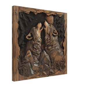 Moonlit Duet, Wood Carving Designs of Howling Wolves, Woodcarving Art Print Canvas