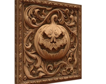 Spooky Jack-o'-Lantern, Wood Carving Designs of a Halloween Pumpkin, Woodcarving Art Print Canvas