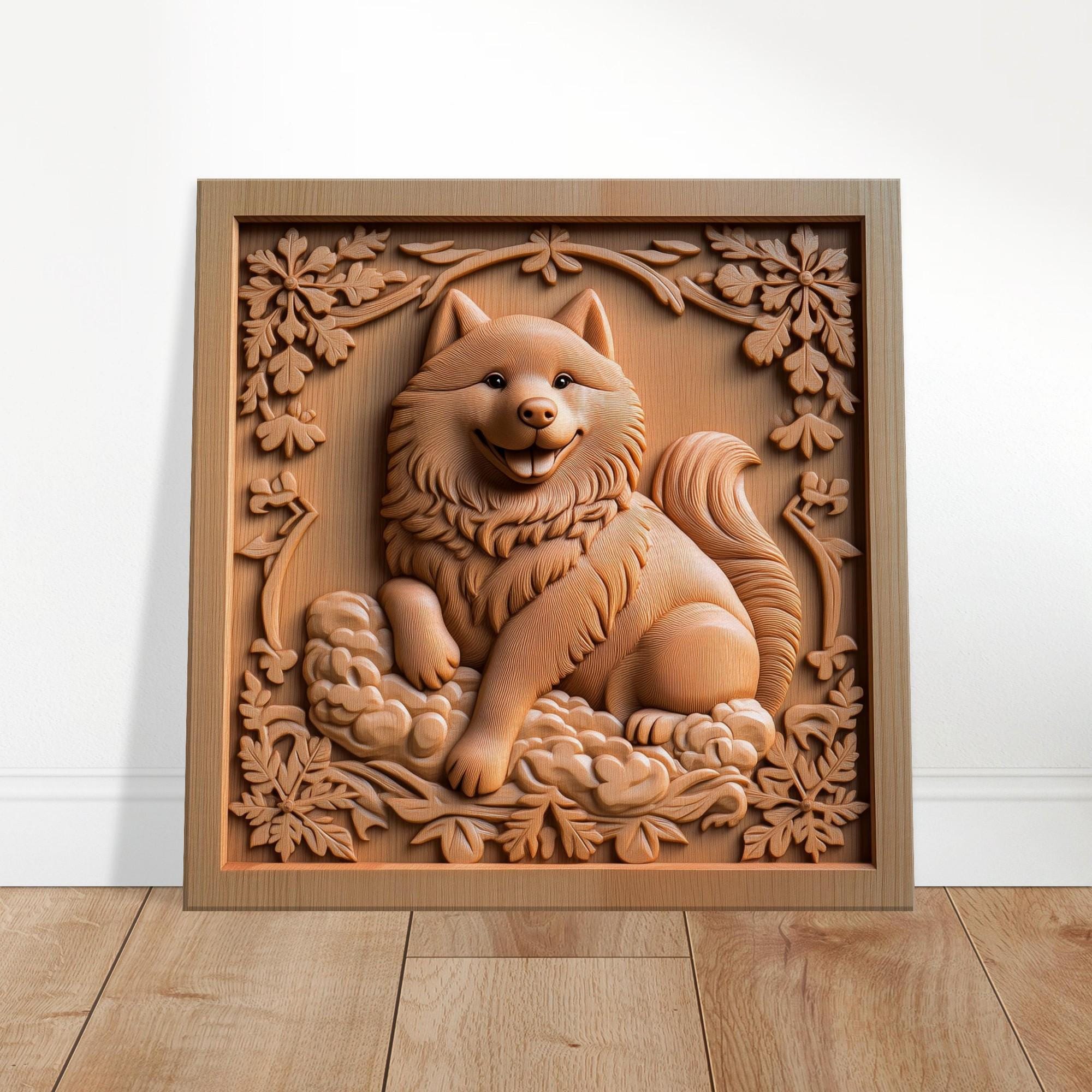 ハッピーフラフボール、笑顔の犬の木彫りデザイン、木彫りアート