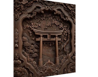 Japanese Torii Gate, Wood Carving Designs of a Torii Gate, Woodcarving Art Print Canvas
