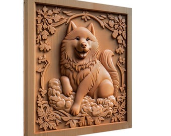 Bola de Pelusa Feliz, Diseños de Talla de Madera de un Perro Sonriente, Lienzo con Impresión Artística de Talla de Madera