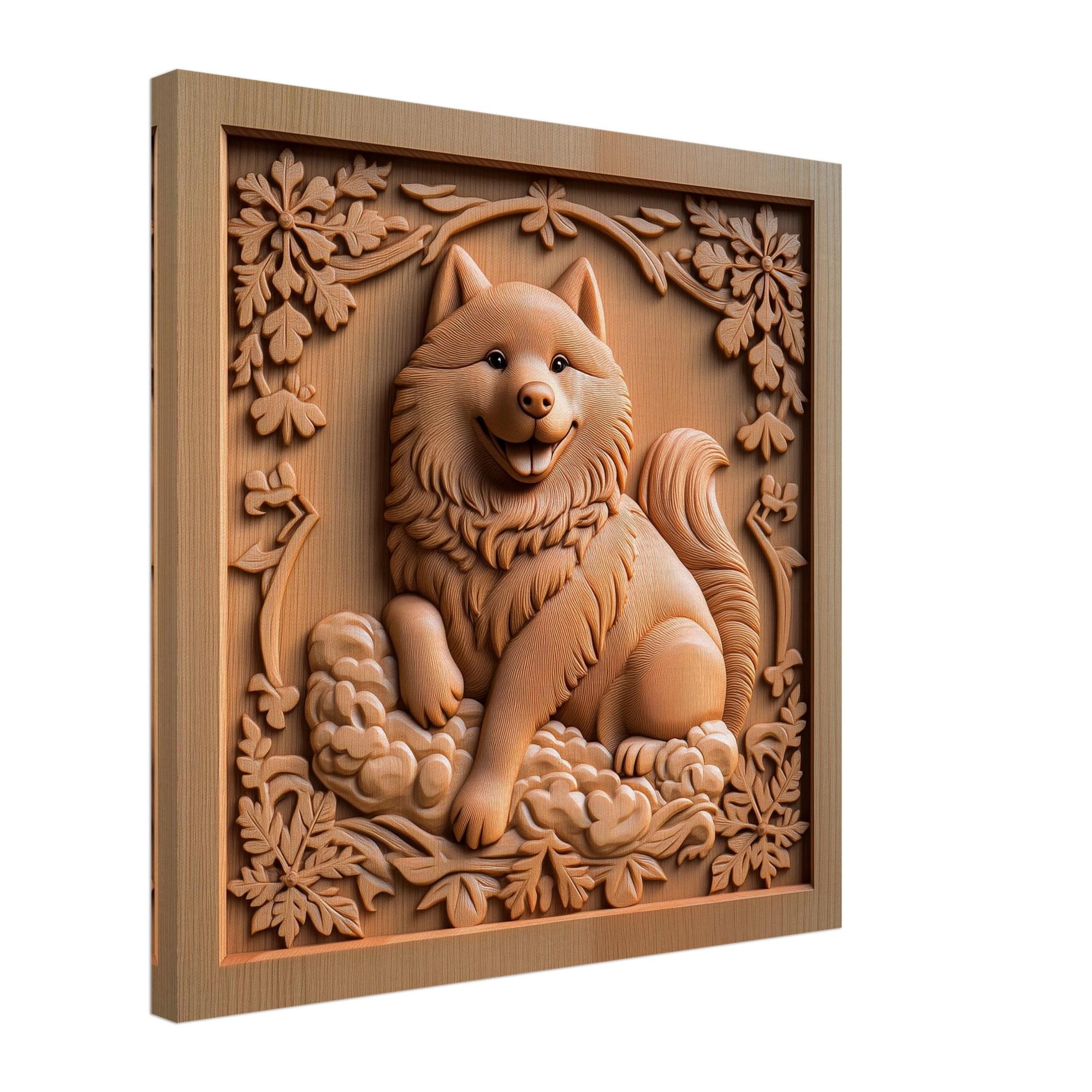 ハッピーフラフボール、笑顔の犬の木彫りデザイン、木彫りアート