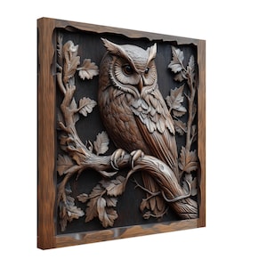 Keen Observer Perched, Wood Carving Designs of a Wise Owl, Woodcarving Art Print Canvas