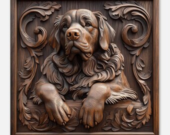 忠実な仲間、ニューファンドランド犬の木彫りデザイン、木彫りアート