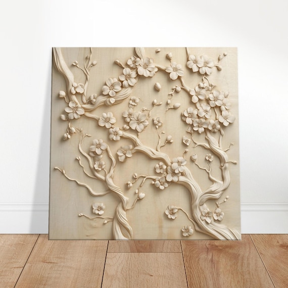 【美品】花と枝の装飾アート作品 永遠の花、桜の枝の木彫りデザイン、木彫りアートプリントキャンバス