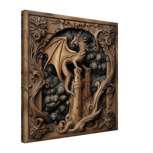 Dragon&#39;s Castle Perch, Wood Carving Designs of Mythical Guardian, Woodcarving Art Print Canvas