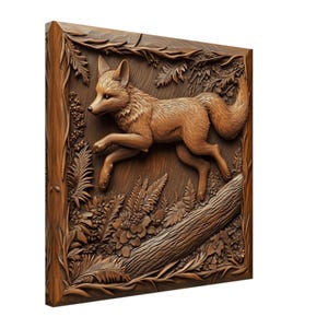 Springender Fuchs, Holzschnitzerei Designs von Wildtieren im Wald, Holzschnitzkunst-Kunstdruck Leinwand