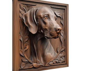 Gentle Weimaraner, Wood Carving Designs of a Kind Dog, Woodcarving Art Print Canvas