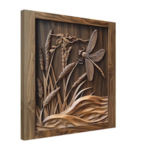 Graceful Dragonfly, Wood Carving Designs of a Dragonfly in Nature, Woodcarving Art Print Canvas