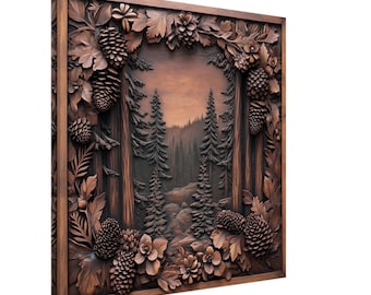 Forest Pine Serenity, Wood Carving Designs of Woodland Scene, Woodcarving Art Print Canvas