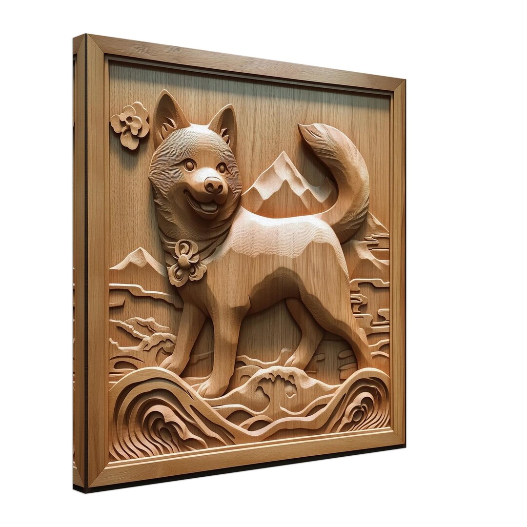 山の秋田犬、忠犬の木彫りデザイン、木彫りアートプリントキャンバス