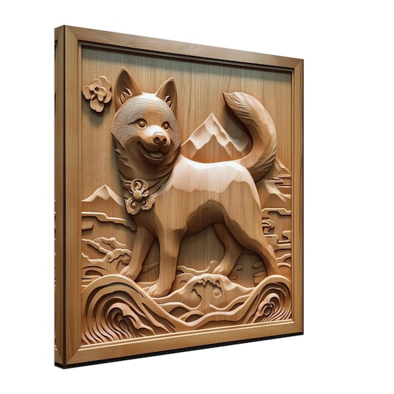 山の秋田犬、忠犬の木彫りデザイン、木彫りアートプリントキャンバス