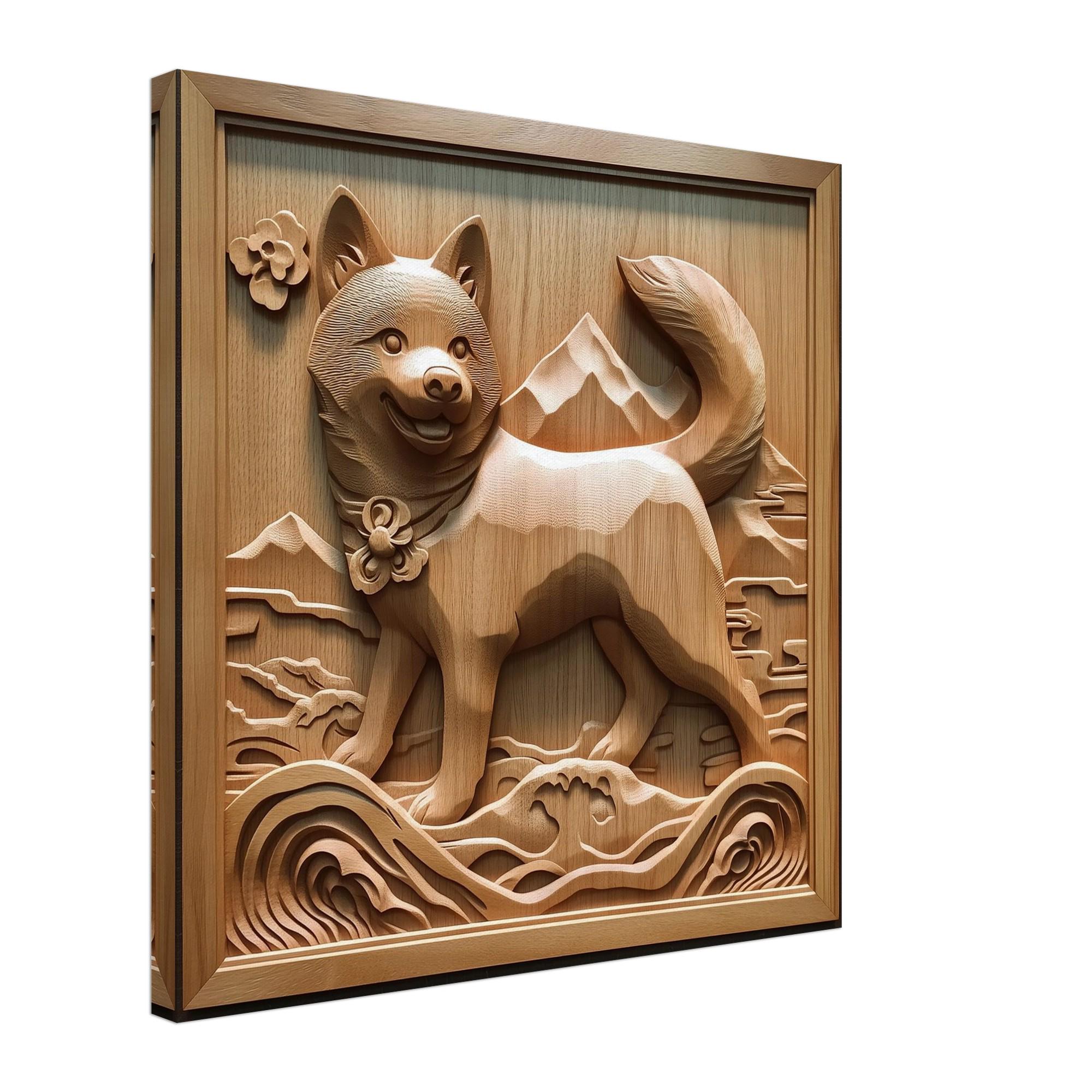 山の秋田犬、忠犬の木彫りデザイン、木彫りアートプリントキャンバス