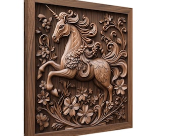 Floral Unicorn, Wood Carving Designs of a Mythical Horse, Woodcarving Art Print Canvas