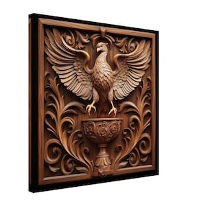 Golden Phoenix, Wood Carving Designs of a Mythical Bird with Spread Wings, Woodcarving Art Print Canvas