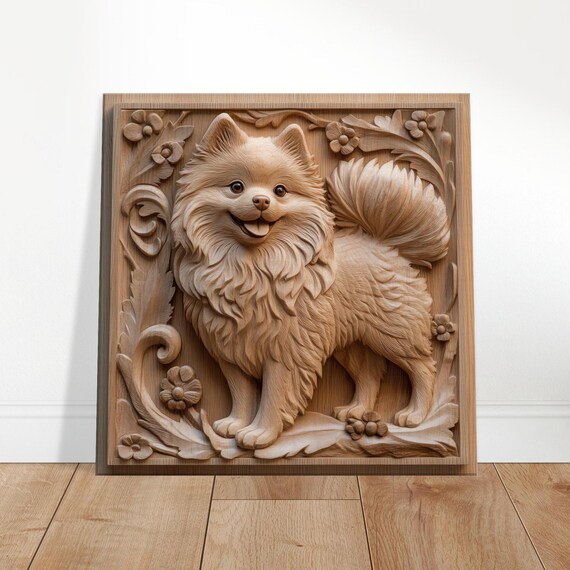 ハッピーポム、元気な犬の木彫りデザイン、木彫りアートプリント