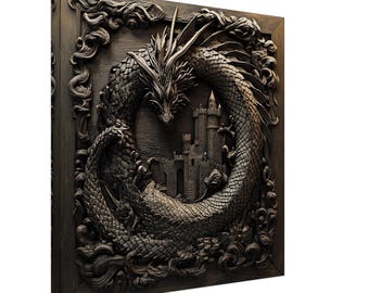 Zitadelle Schlange, Holzschnitzerei Designs eines Drachen umkreist eine Burg, Holzschnitzerei Kunstdruck Leinwand