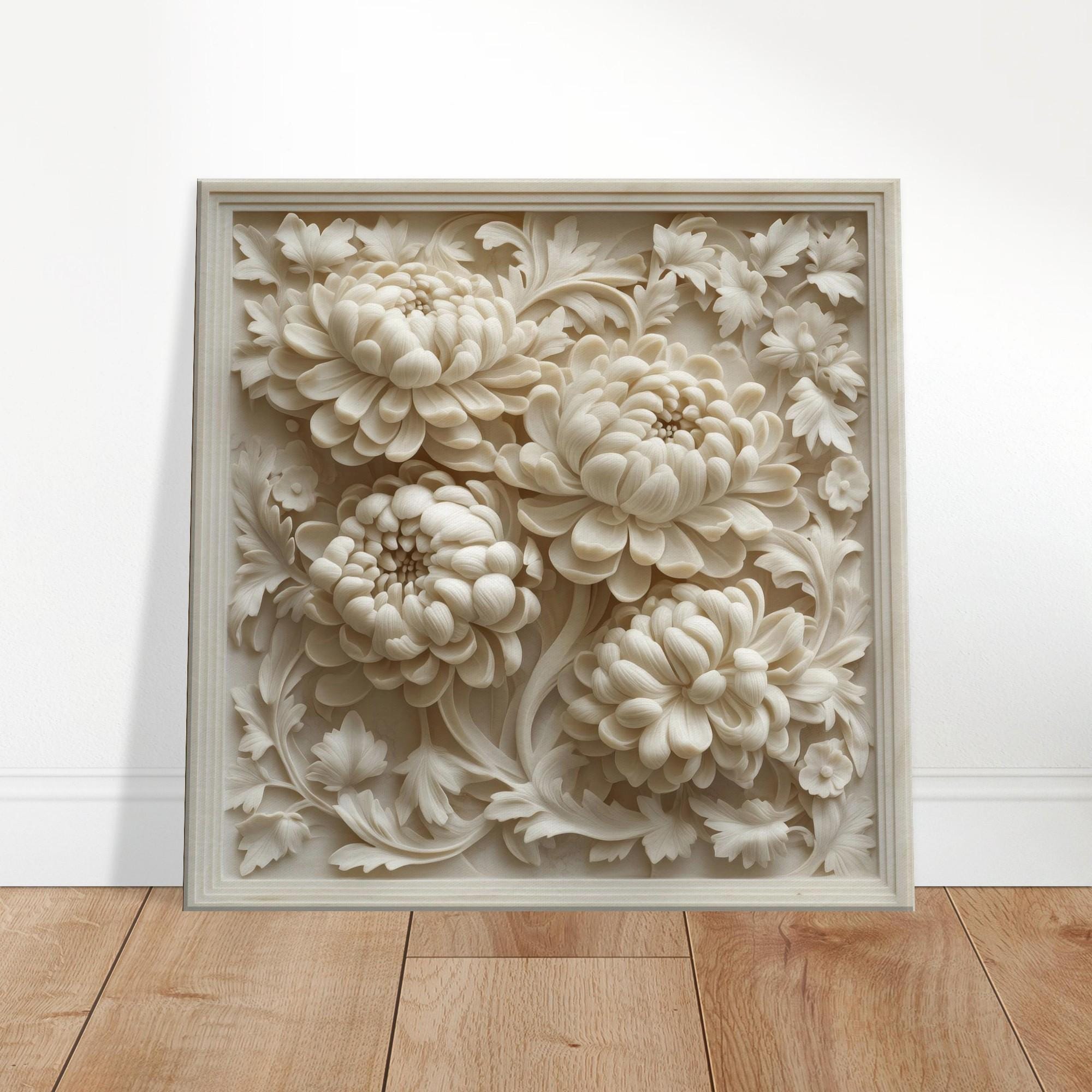 White Chrysanthemums, Wood Carving Designs of Pure Floral Blooms