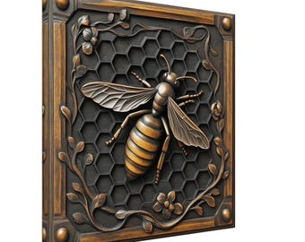 Busy Honeybee, Wood Carving Designs of a Honeycomb and Bee, Woodcarving Art Print Canvas