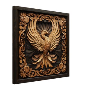 Ascending Phoenix, Wood Carving Designs of a Mythical Bird in Flight, Woodcarving Art Print Canvas