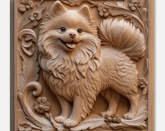 ハッピーポム、元気な犬の木彫りデザイン、木彫りアートプリント