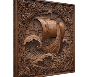 Viking Longship, Wood Carving Designs of a Norse Longship, Woodcarving Art Print Canvas