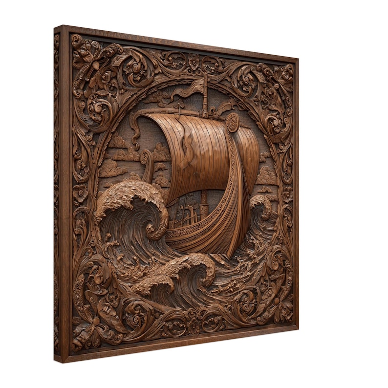 Viking Longship, Wood Carving Designs of a Norse Longship, Woodcarving Art Print Canvas