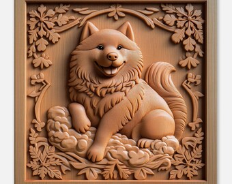 ハッピーフラフボール、笑顔の犬の木彫りデザイン、木彫りアート