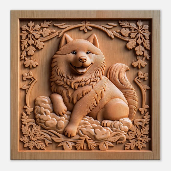 ハッピーフラフボール、笑顔の犬の木彫りデザイン、木彫りアート