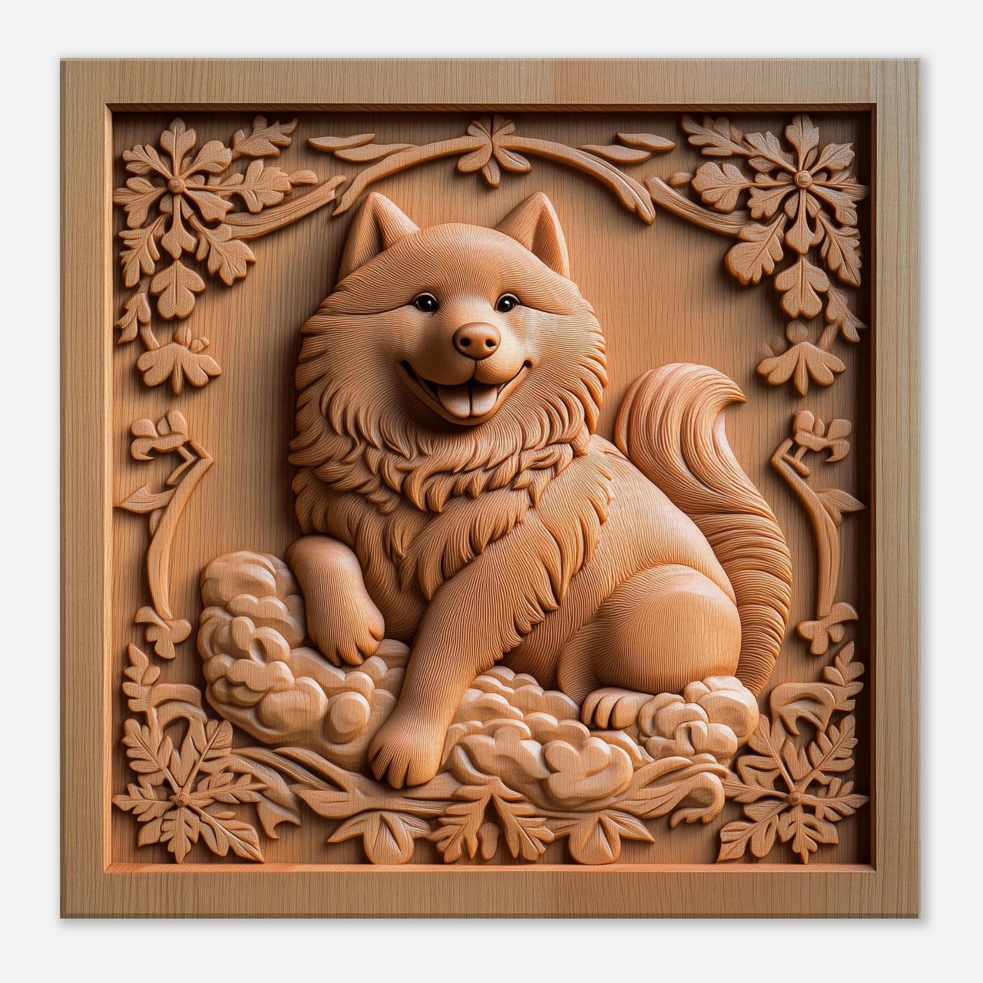 ハッピーフラフボール、笑顔の犬の木彫りデザイン、木彫りアート