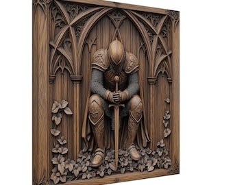 Weary Knight's Vigil, Wood Carving Designs of Medieval Solitude, Woodcarving Art Print Canvas