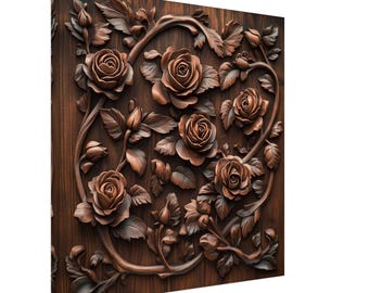 May include: Intricately carved wooden wall art featuring a floral design with roses and leaves. The roses are in shades of brown and the leaves are a darker brown. The background is a rich brown wood.