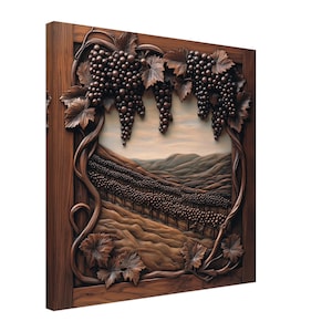 Vineyard Vista, Wood Carving Designs of Grapes and Landscape, Woodcarving Art Print Canvas