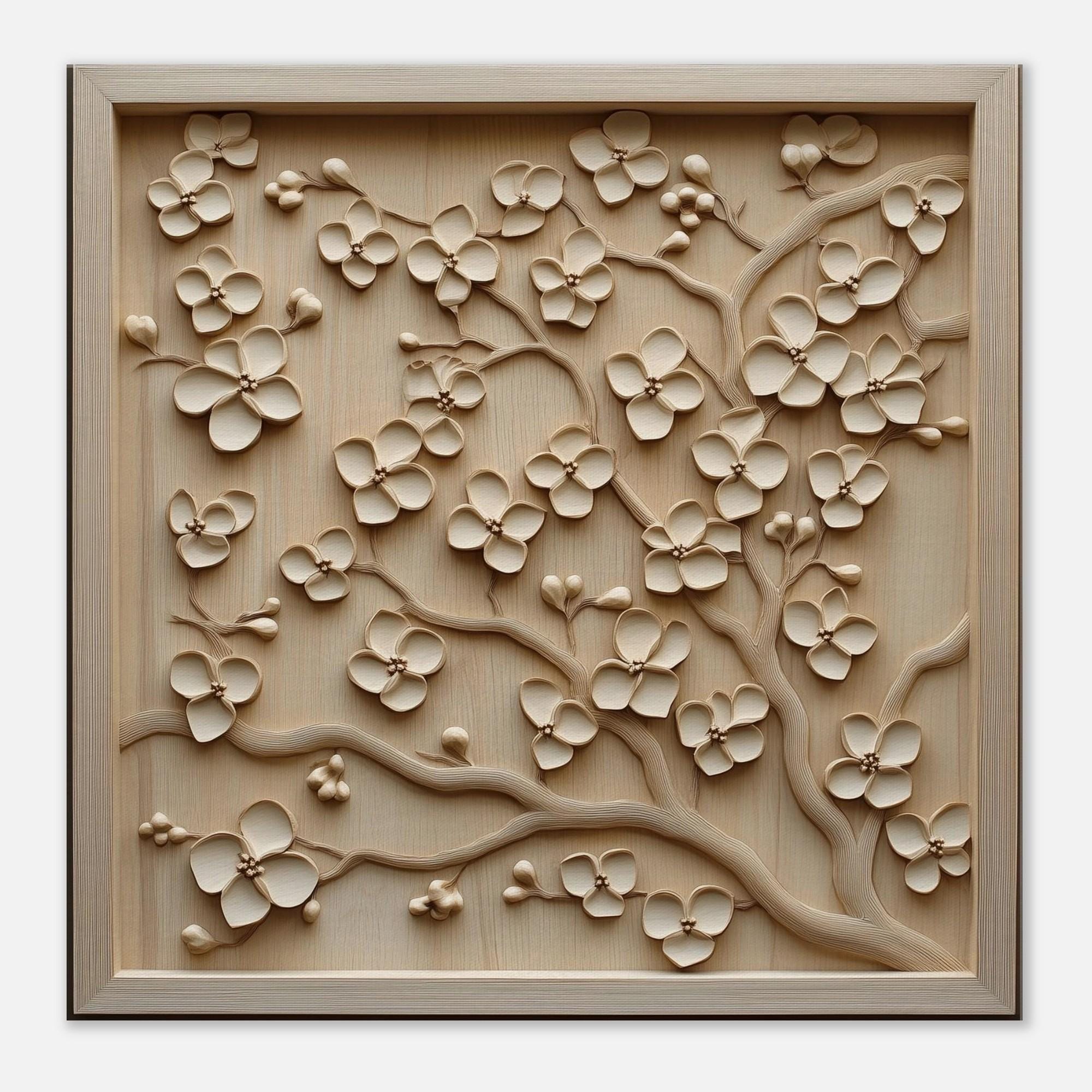 花開く静寂、ハナミズキの木彫りデザイン、木彫りアートプリント