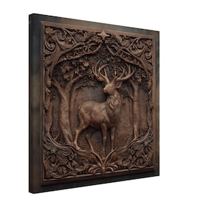 May include: A detailed, brown wooden relief carving of a stag in a forest setting. The artwork features intricate details of trees, foliage, and a star at the top, all within a rectangular frame. The stag has large antlers.