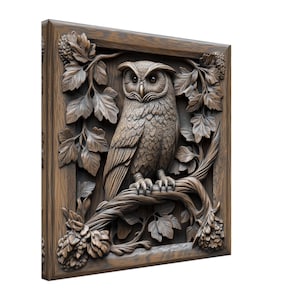 Wise Gaze Perched, Wood Carving Designs of a Forest Owl, Woodcarving Art Print Canvas