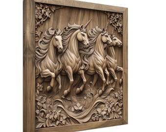 Unicorn Gallop, Wood Carving Designs of Mythical Horses, Woodcarving Art Print Canvas