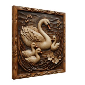 Swan Family, Wood Carving Designs of Swans and Cygnets, Woodcarving Art Print Canvas