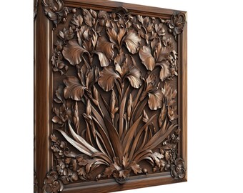 Flourishing Irises, Wood Carving Designs of Abundant Blooms, Woodcarving Art Print Canvas