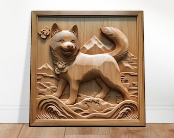 山の秋田犬、忠犬の木彫りデザイン、木彫りアートプリントキャンバス