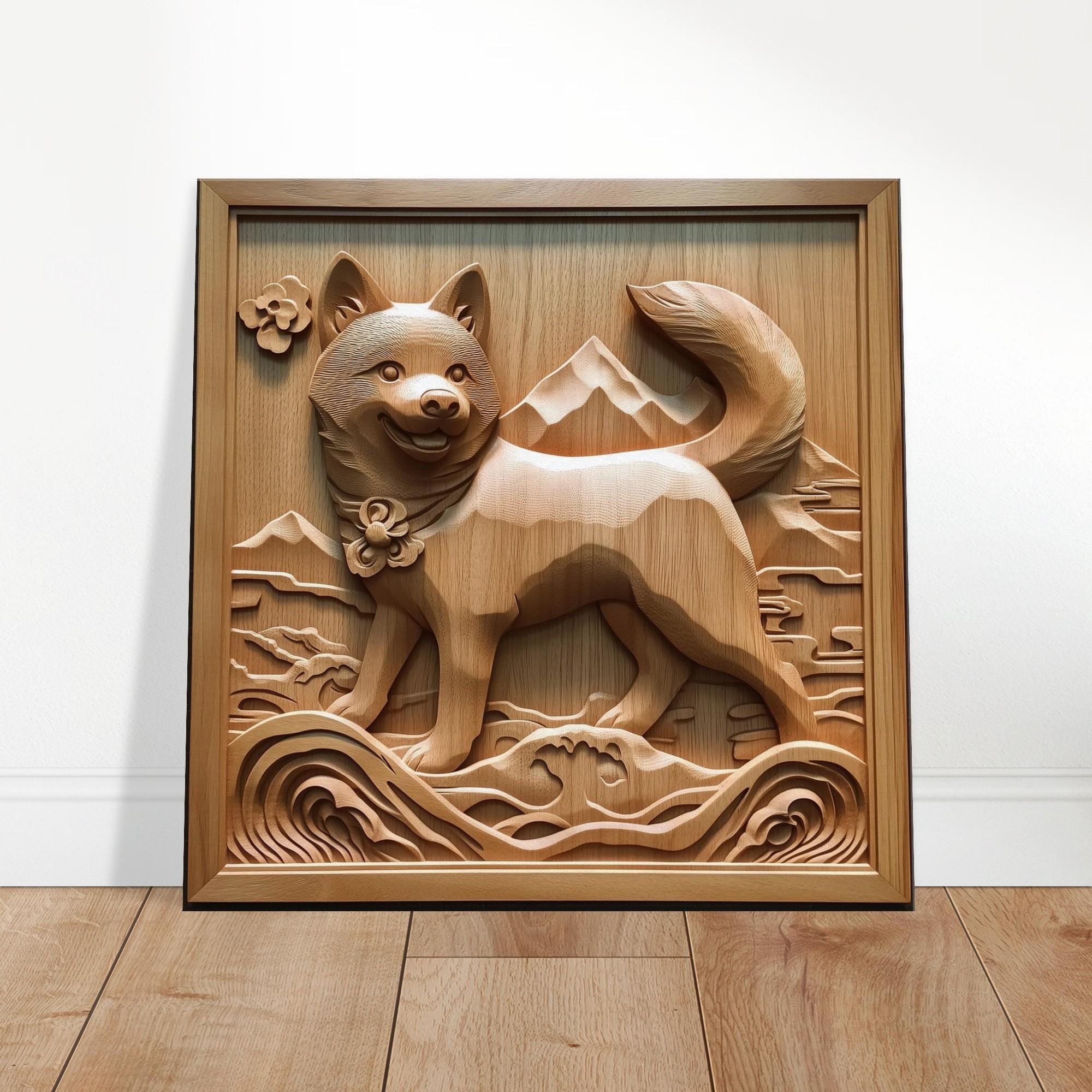 山の秋田犬、忠犬の木彫りデザイン、木彫りアートプリントキャンバス