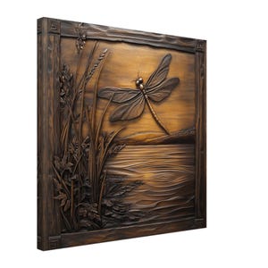 Dragonfly&#39;s Flight, Wood Carving Designs of a Dragonfly Over Water, Woodcarving Art Print Canvas