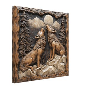 Moonlit Serenade, Wood Carving Designs of Wolves Howling, Woodcarving Art Print Canvas